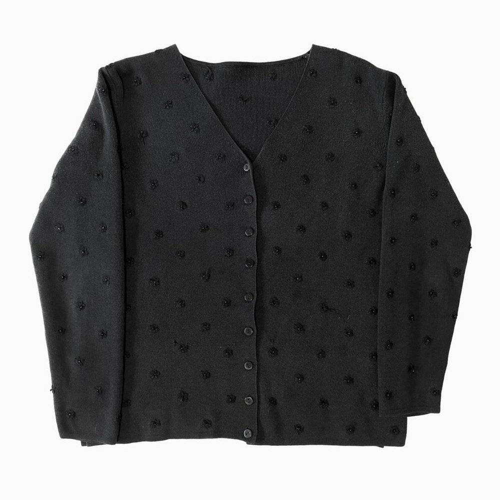 90s/y2k Black Beaded Embroidered Flower Button Up Cardigan